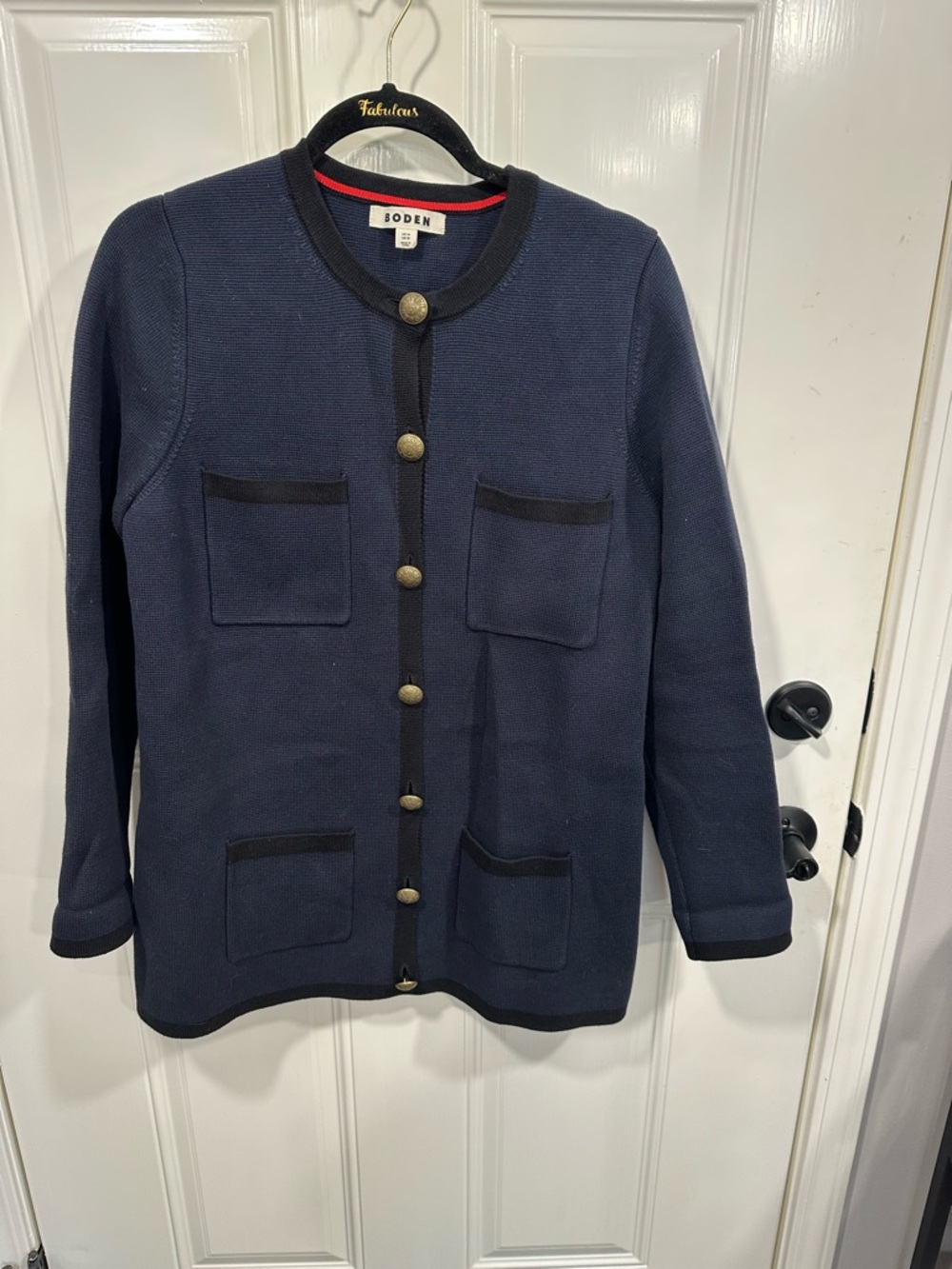 Boden Navy Knit Pocket Blazer with Black Trim
